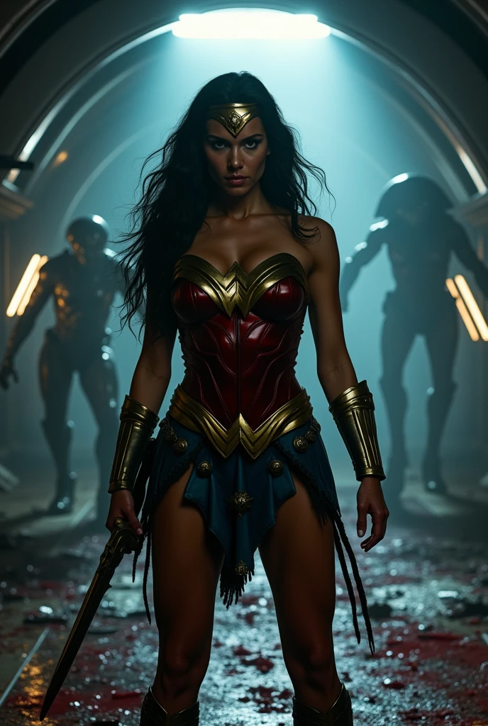 Adriana Lima under the mantle of the Amazon warrior Wonder Woman against Xenomorph Alien the eighth passenger blood terrifying and bloody images