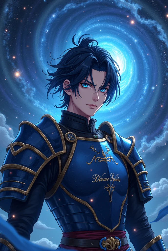 put the name: (The Eminent Divine Spirit), written in the drawing. Create a character, MALE with a JAPANESE ANIME ARMOR WARRIOR style in a cosmic environment, black hair with a cobalt blue strand in a single hair, cobalt blue eyes. Don't forget to put the name "THE EMINENT DIVINE SPIRIT".