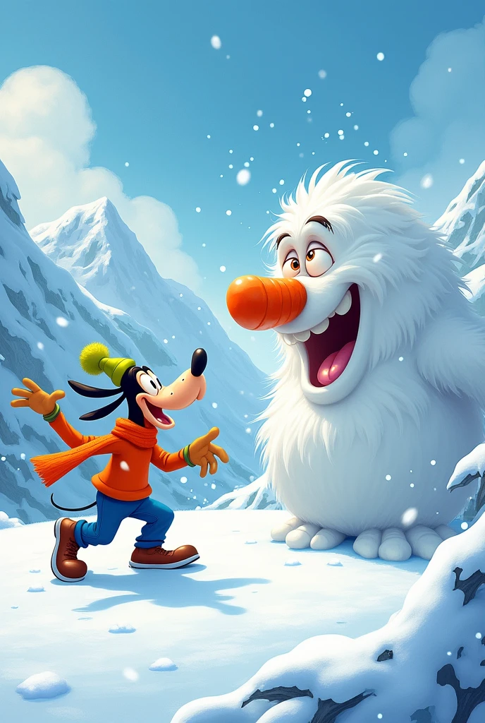 Goofy, Mickey&#39;s friend attacks the monster that is in a snow mountain with a carrot nose. The monster slips and falls
