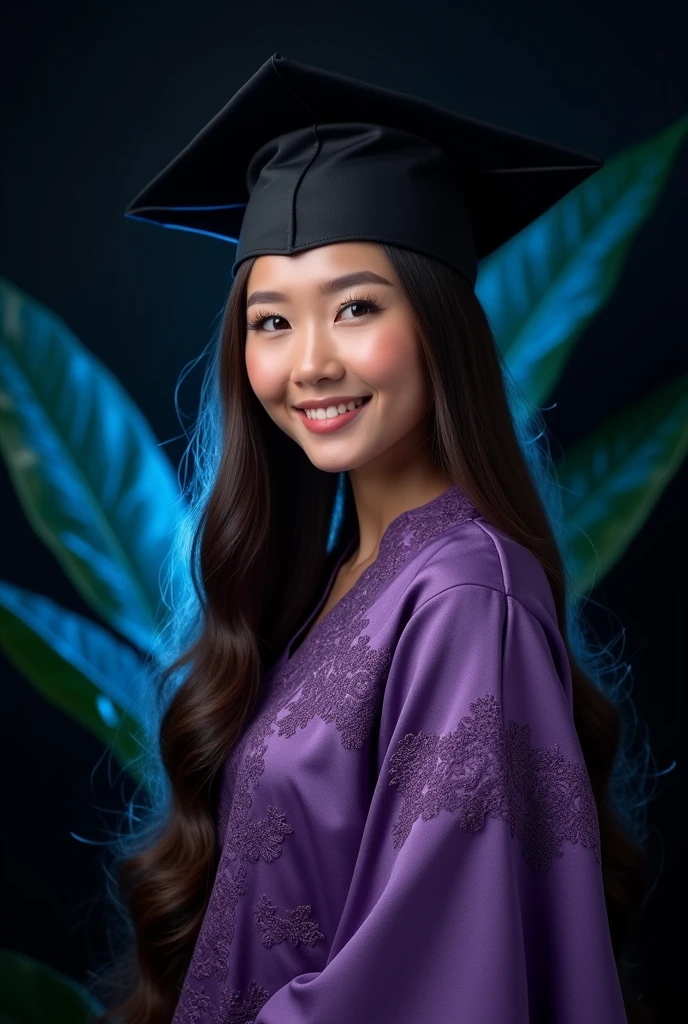 Realistic, A women long hair, wearing black graduation hat, in purple color bali kebaya, leaf effect background, half body pose, detailed skin texture, detailed kebaya texture,
black color background 45 percent opasity, blue glow art light, hair and shoulder glow art light effect , cinematic lighting