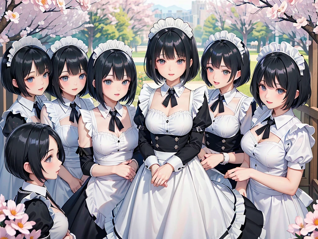 (((clone girls art))), (Highest quality, Ultra-high resolution), (((((Maid clothes:1.5))))), Women, Small face, (((((Thick black hair, short hair:1.5))))), Cute expression, A gentle gaze, ((smile)), (Big Breasts, Cleavage), ((Very detailed, 一人Women, Doppelganger:1.6)), (((6+girls:1.5))), (((Very detailed, Perfect same person, 100 people:1.5))), (((Western-style garden, A beautiful sight of blooming flowers))), top view