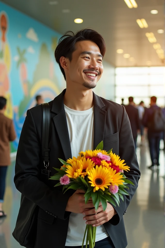 Create a picture of a 30-year-old Asian man. He is a musician, romantic, nice, amorous, honest... He is in love with his Brazilian girlfriend. In the picture he is ready for his first date with her. He just arrived at the airport in Brazil 