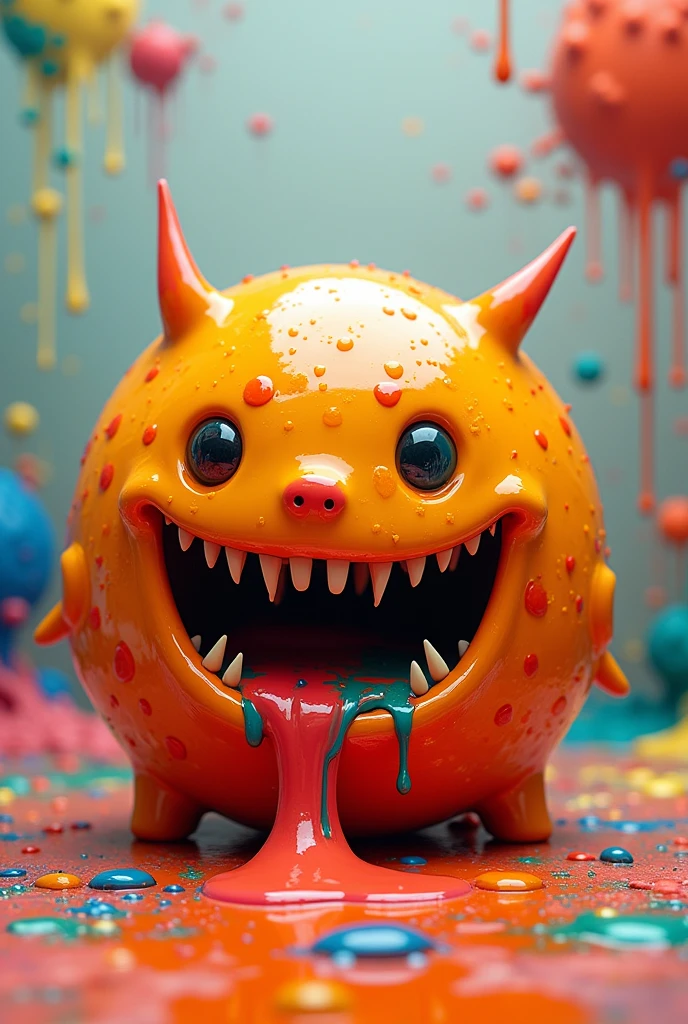 Round orange slime looking creature with teeth with no eyes and dripping with paint no eyes