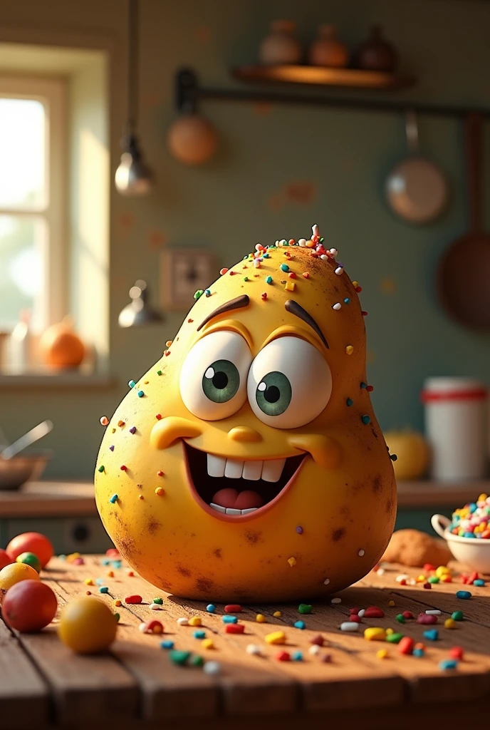 A cute animated potatoe that is very crazy, sitting on a table waiting to be cooked