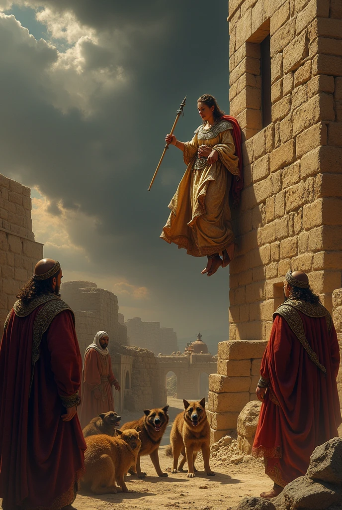 Jezebel, a haughty figure and still trying to use her cunning, being thrown from a high window by officers of the new king Jehu. The background shows the walls of the city of Jezreel. On the ground, dogs wait, ready to devour his body, while the surrounding scenery reflects the dramatic fulfillment of Elijah's prophecy.