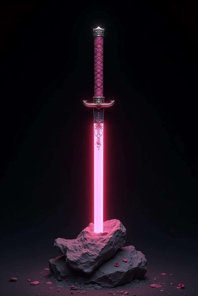 Pink anime-style katana trapped in a stone against a black background