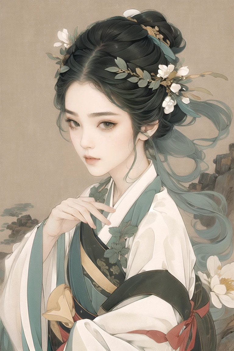 Green hanfu, close up