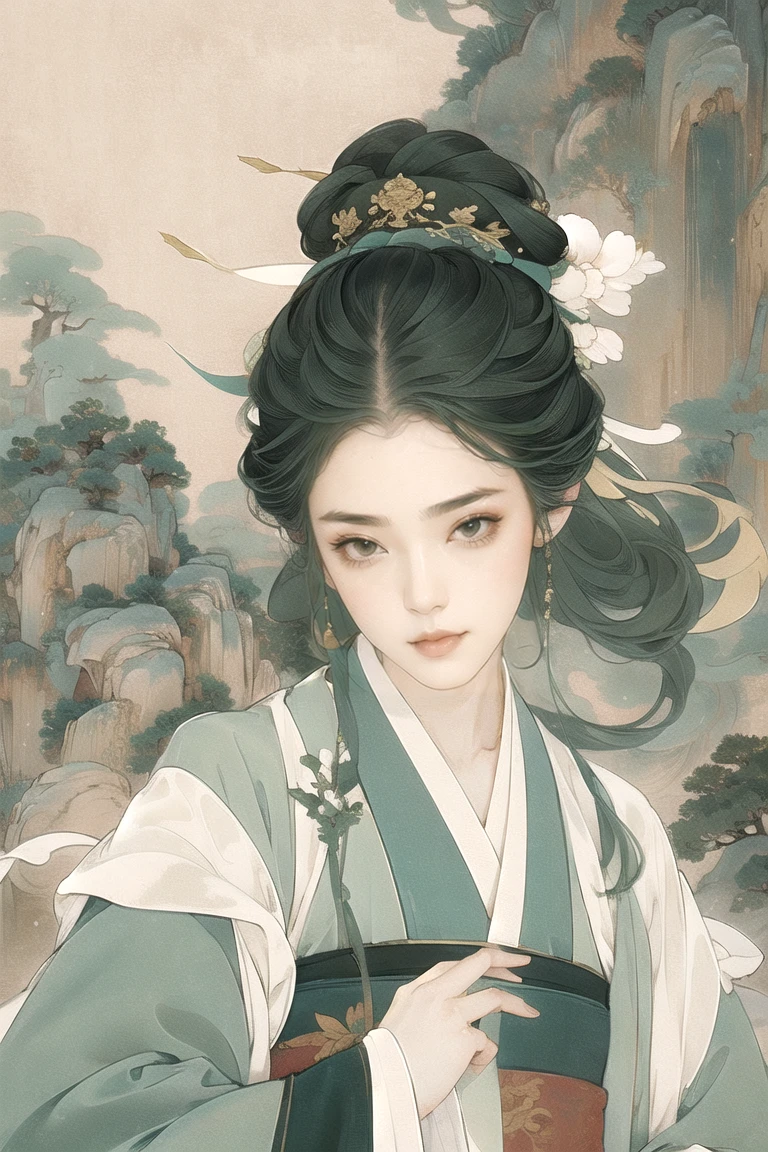 Green hanfu, close up