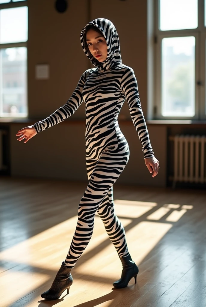A most beautiful and thin 23 years old  chinese girl wears zebra print Lycra turtleneck unitard catsuit covered with zebra stripes.She always wear zebra Lycra dancewear hijab-like hood.She has beautiful cheeks on her face.
