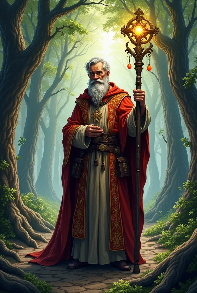 in vector style, dungeons and dragons style, a fullbody medieval priest, normal body, full unshaven beard, and short gray hair, 65 years old