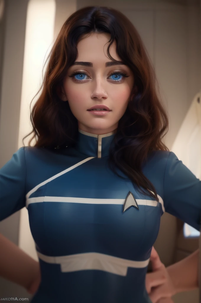 a middle length wavy hair
 in a detailed blue Starfleet uniform, beautiful detailed eyes, beautiful detailed lips, extremely detailed face, solo, looking at camera, photorealistic, 8k, cinematic lighting, hyper detailed, intricate, dramatic, masterpiece