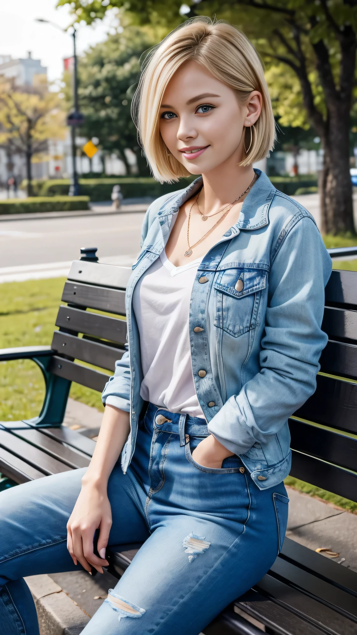 Super Resolution、Neat and clean Caucasian woman、Full body photo、sitting on a park bench、Blonde Hair、、ウェーブのかかった髪、blue eyes、Short Haircut、Ear piercing、、necklace、Denim jacket、shirt、Skinny jeans、sneakers、Beautiful teeth alignment