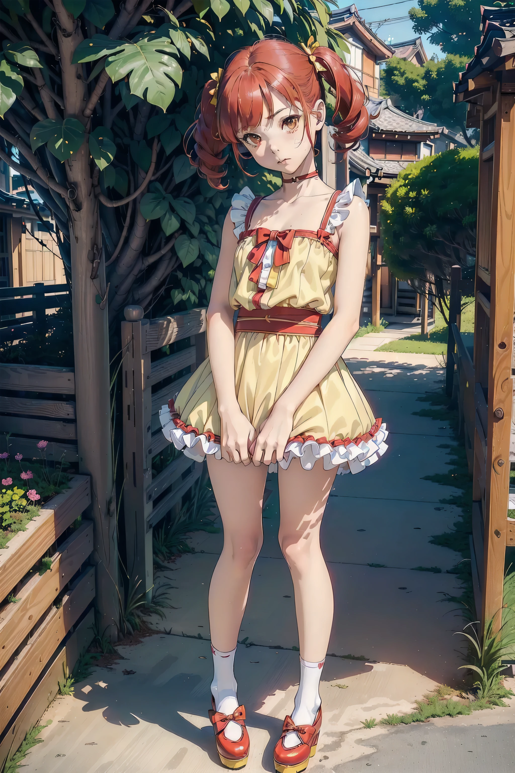 ((top quality, ultra-detailed, high resolution, extremely detailed CG, unity 8k wallpaper, by famous artist, perfect anatomy, super detailed skin, cinematic lighting, UHD, retina, anatomically correct, 1080P)), (Please draw a single one girl walking in the Japanese suburbs:1.3), ((1girl)), (Solo, face,-yeld:2. a junior hipetit girl, chibi, babyface)) androgynous charm, Medium hair, ((full red hair)) ((redhead)), pigtails, straight bangs, with a bow in her hair, ((very thin legs)), ((skinny legs, thin body, small build)), Full limbs, complete fingers, ((perfect fingers and hands)), flat chest, small breasts, childish body, small butt, groin, Beautiful detailed full yellow gold eyes, perfect eyes, ((A cute, pastel-colored ulzzang dress with a frilly hem and a bow at the waist, paired with knee-high socks and platform shoes)) (Detailed Lighting), ((Japanese suburbs)), (Detailed scenary background), full body view, Cute, kawaii single girl (one girl), full body shot, ((little young 13 years old body:1.3)s)), ((red hair girl:1.3)), ((A natural, correctly proportioned hands)), ((completely straight and linear bangs))