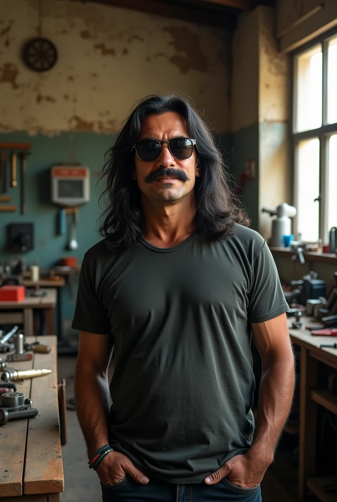 very realistic, 28 year old man, with mustache, long black hair taken, with some gray hair, with sunglasses, weight of 75 kilos, medium build, Latin American, Chilean, gordo, working in a workshop