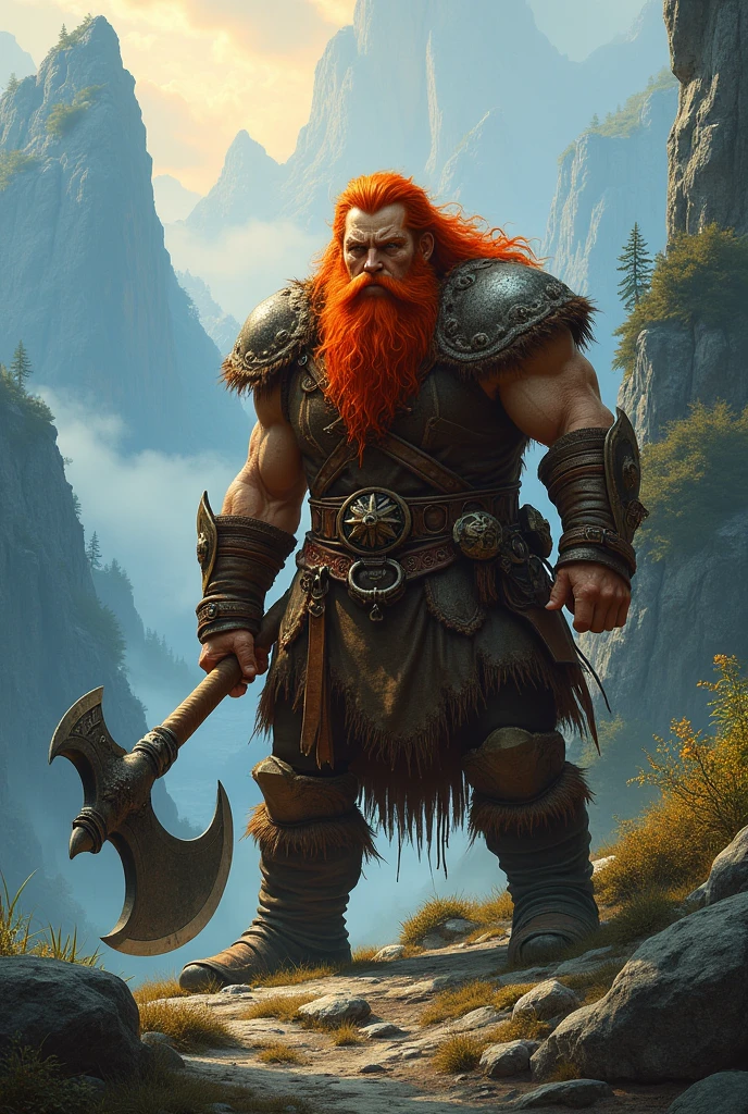 A red-haired dwarf carrying a large axe, with long hair