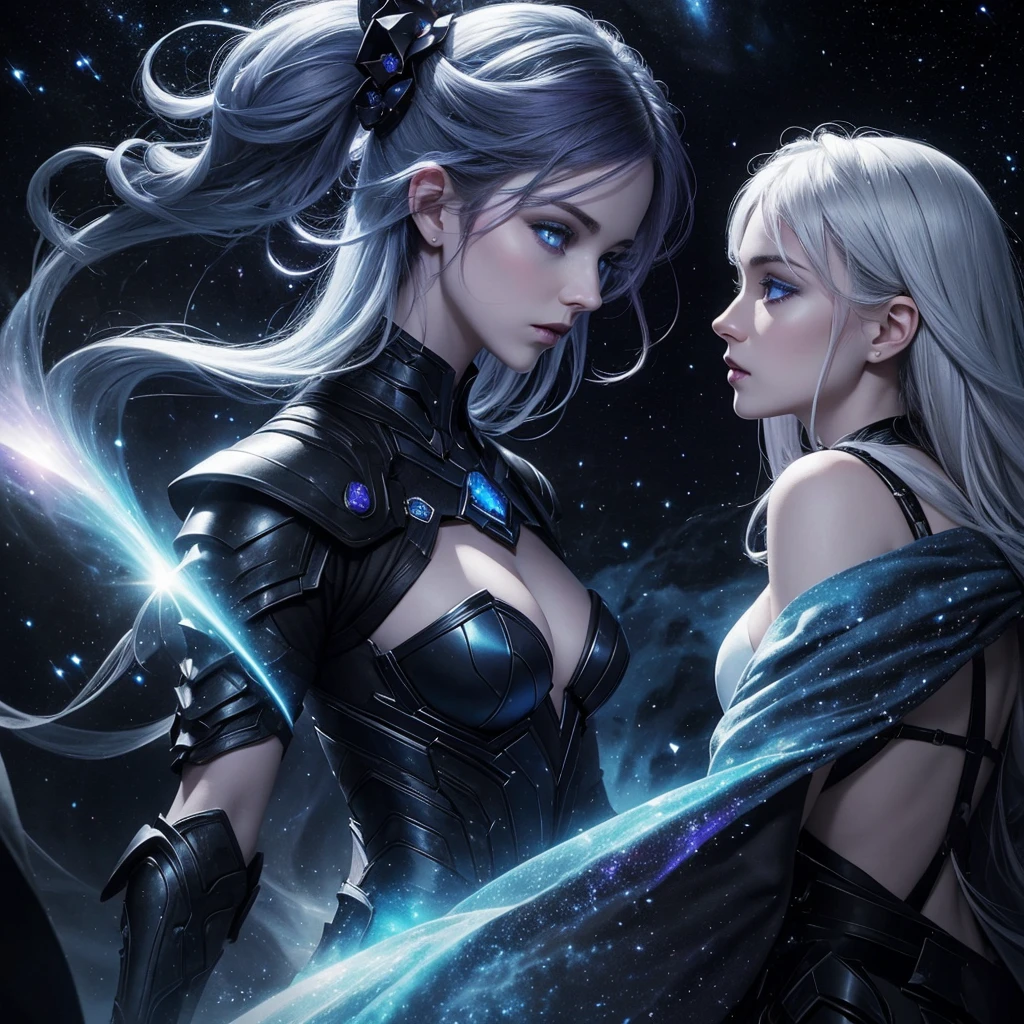A book cover with a dramatic background in shades of black, blue and purple with various galaxies diffused in a nebula giving an air of mystery. In the front of the background is a white woman, incredibly pale, with white hair and blue eyes. She is wearing a delicate white dress with blue diamonds. She is turned sideways showing only the profile and beside her is her daughter, also a woman, pale with blue eyes but with black hair and wearing a black purple celestial armor.