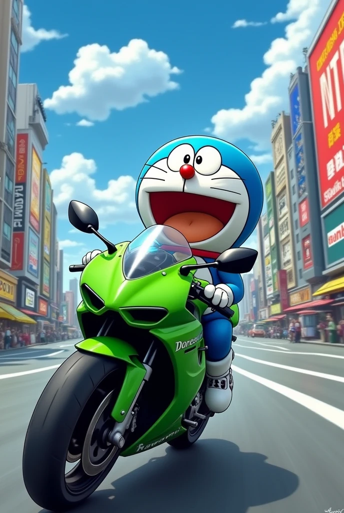 Doraemon is riding a Kawasaki motorcycle.