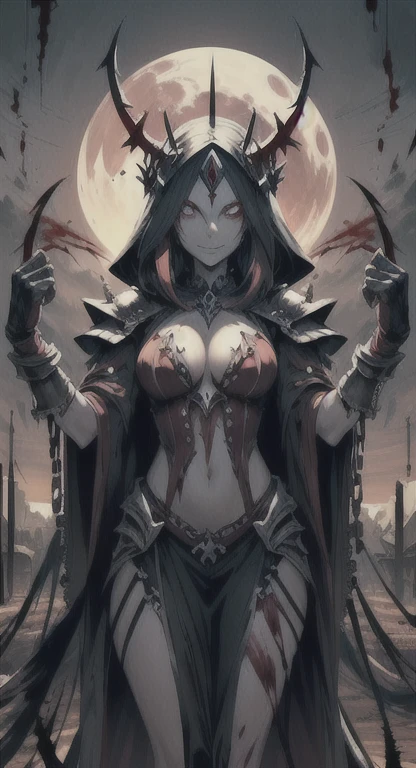 Ancient era, armored, Queen Persephone, blood everywhere, bloodmoon Queen drenched in blood, looking at viewer psychotically, creepy smirk, Sharp claws, covered in blood, destroyed village, cursed Triforce, destroyed town,