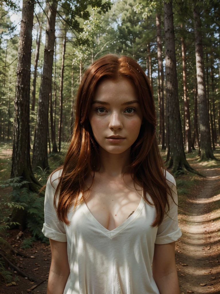 (Masterpiece:1.2, Best Quality), Forest, A girl, Redhead, langere, Thinking