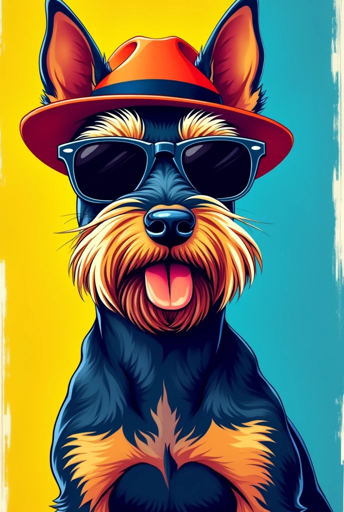 Illustration of a Schnauzer dog wearing sunglasses and hat, in the style of Mike Deodato, bold and colorful graphic design, yellow and blue, #myportfolio, ultra hd, 1970-present, striped paint