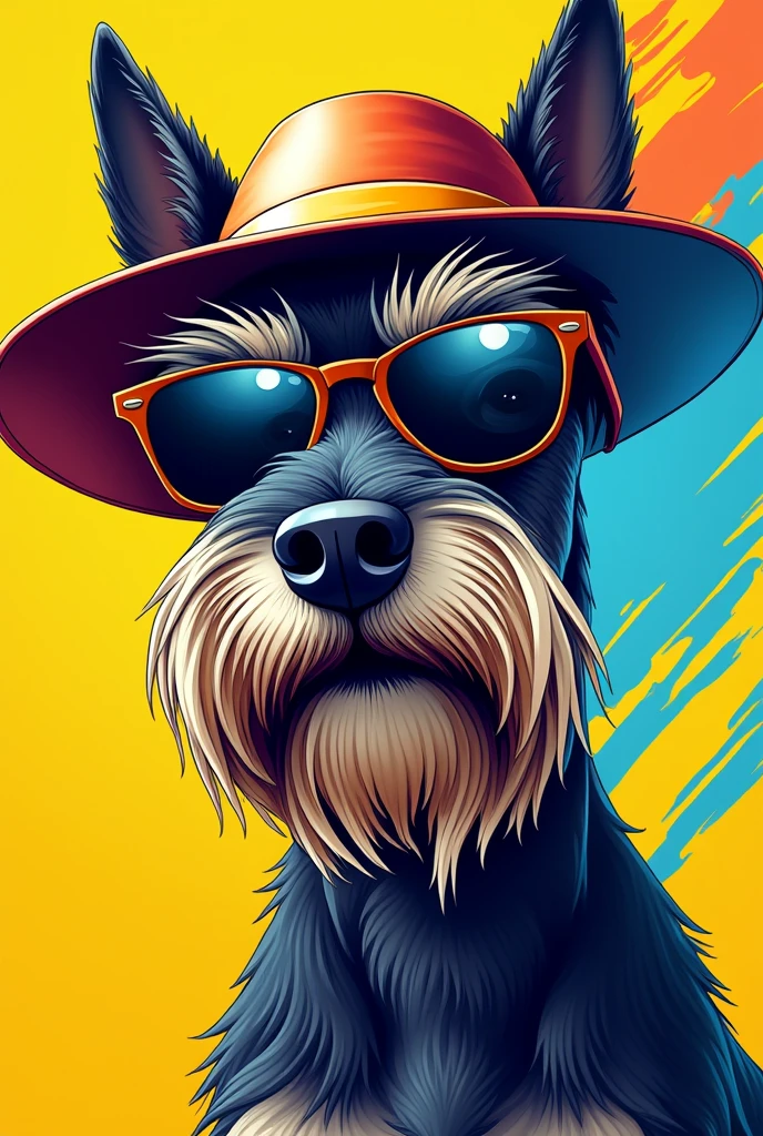 Illustration of a Schnauzer dog wearing sunglasses and hat, in the style of Mike Deodato, bold and colorful graphic design, yellow and blue, #myportfolio, ultra hd, 1970-present, striped paint