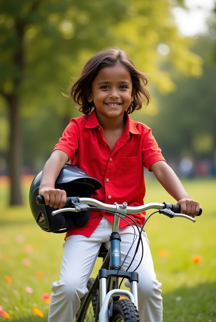 A boy that sitting on a bike wear red shirt and white slack.he also holding a helmet.he is brown skin and his hair is long