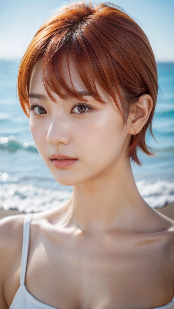 Model actress、One Woman、cool、Japanese and half European、Close-up of face、30 generation beauty、Realistic Skin、4K images、bright orange hair、Short Hair、Seaside