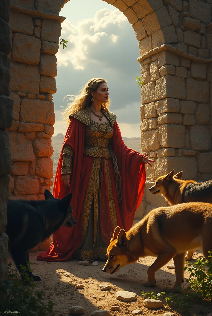 Jezebel, a haughty figure and still trying to use her cunning, being thrown from a high window by officers of the new king Jehu. The background shows the walls of the city of Jezreel. On the ground, dogs wait, ready to devour his body, while the surrounding scenery reflects the dramatic fulfillment of Elijah's prophecy.