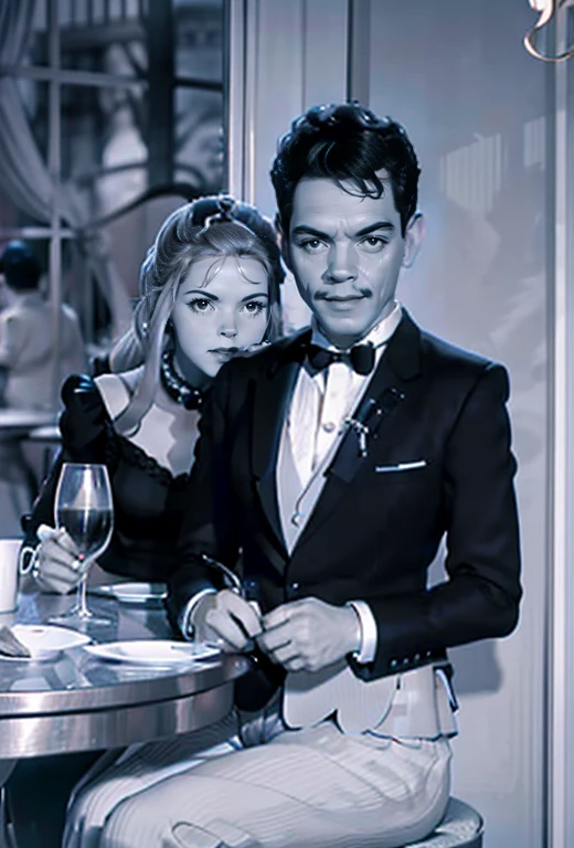 The picture shows a couple: cantinflas wearing an elegant tuxedo, sitting at a restaurant table with KatjaKeanQuiron woman who is wearing an elegant gala dress, They are enjoying dinner 