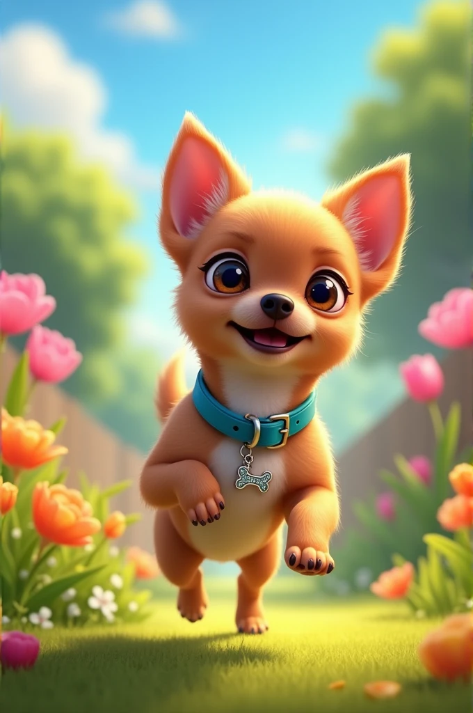 Make the animated version of a 7 year old chihuahua dog, full, light brown color, it has a blue collar with a bone hanging, do it in a sunny space