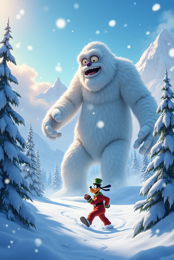 Goofy, Mickey's friend makes the monster fall from a snow mountain..