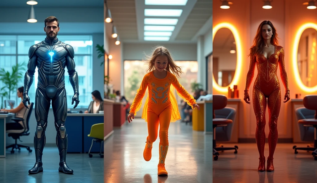 /imagine prompt: The image is vertically divided into three equal parts, each with a hero highlighted facing forward and a distinct background scenery.

Left Part: the father, a super intelligent hero, is facing forward in a call center. He is tall and slender, with a military-style shaved haircut and a futuristic technological suit in metallic colors (silver and electric blue). The background around her shows work tables, computers and office equipment, reflecting their everyday environment.

Middle Part: The 4-year-old daughter is facing forward, running at super speed in a daycare. She wears a colorful and aerodynamic suit, with straight hair and open curls. The background of the daycare shows toys, tables and children's chairs, creating a welcoming and playful environment.

Right part: the mother, with fire powers, is facing forward in a beauty salon. She has an athletic body, medium-sized curly hair and wears a flaming suit with red and orange details. The background of the beauty salon shows mirrors, chairs and beauty products, reflecting their daily environment.

Each hero must be clearly highlighted in their vertical section, with their specific background scenery and distinctly separated, illustration, digital art with vibrant colors and sharp details, --ar 16:9 --v 5