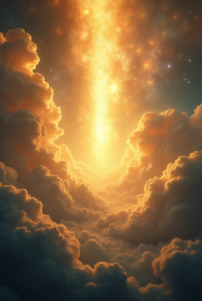 Create a cosmic, celestial scene that embodies the biblical phrase 'In the beginning, God created the heavens and the earth.' The image should depict the vastness of space with swirling galaxies, glowing nebulae, and stars forming in the darkness. Use divine colors such as gold, white, and ethereal blues to highlight the scene. In the foreground, a radiant, golden light symbolizes God's presence, illuminating the cosmos as it shapes the universe. The earth, still formless and void, is emerging from a golden mist, with light and darkness beginning to separate. Heavenly clouds, infused with golden light, swirl throughout the scene, blending with the cosmic elements. The overall scene should evoke a sense of awe and reverence, reflecting the divine power and majesty of creation, inspired by the biblical description.