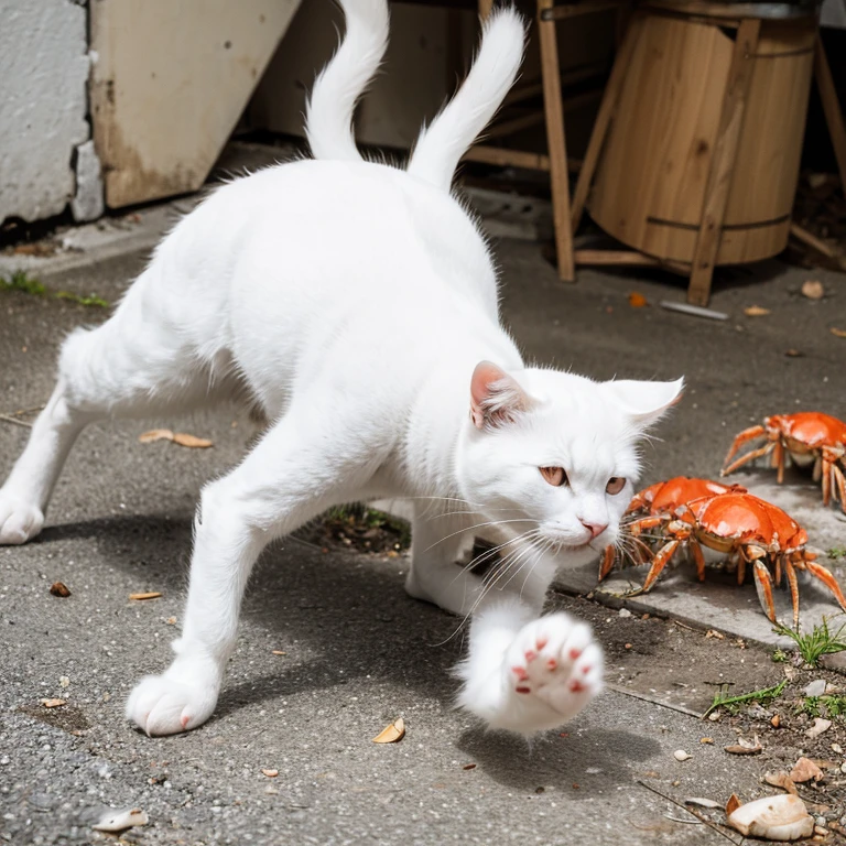 Highest quality　A white cat scurrying away from a crab