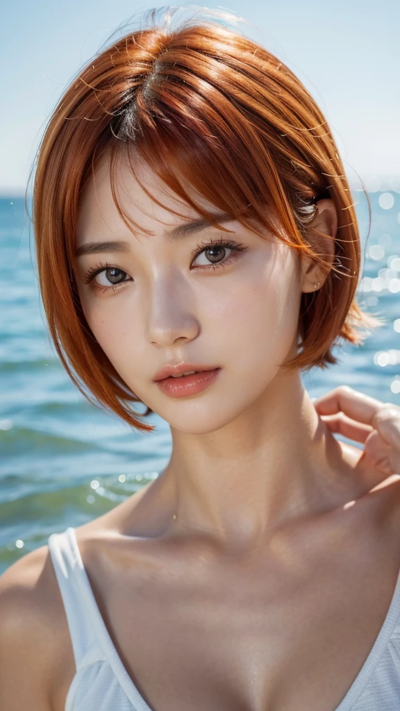 Model actress、One Woman、cool、Japanese and half European、Close-up of face、30 generation beauty、Realistic Skin、4K images、bright orange hair、Short Hair、Seaside