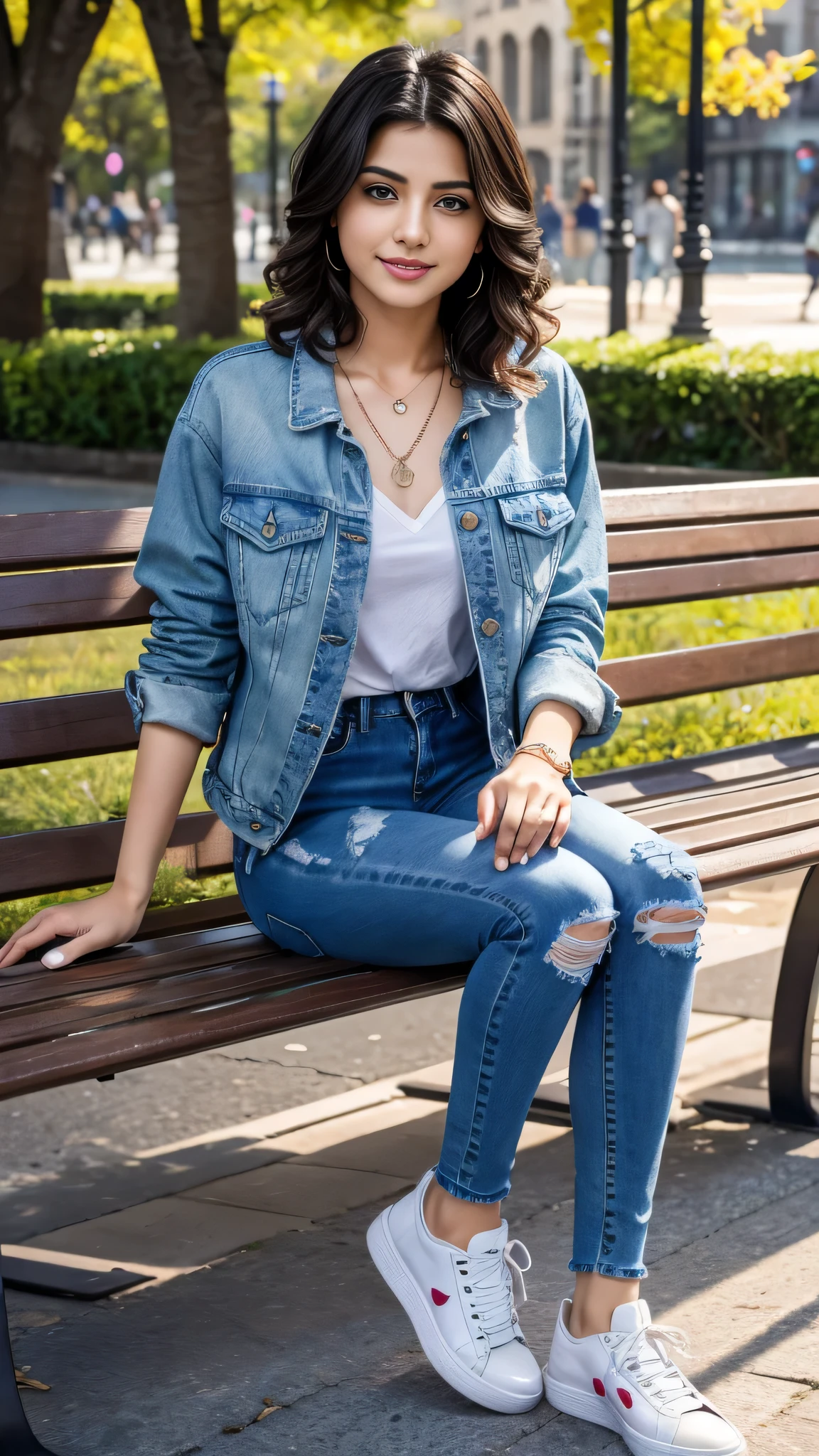 Super Resolution、Clear Iranian woman、Full body photo、sitting on a park bench、、Wavy Hair、Blue eyes、Short Haircut、Ear piercing、、necklace、Denim jacket、shirt、Skinny jeans、sneakers、Beautiful teeth alignment