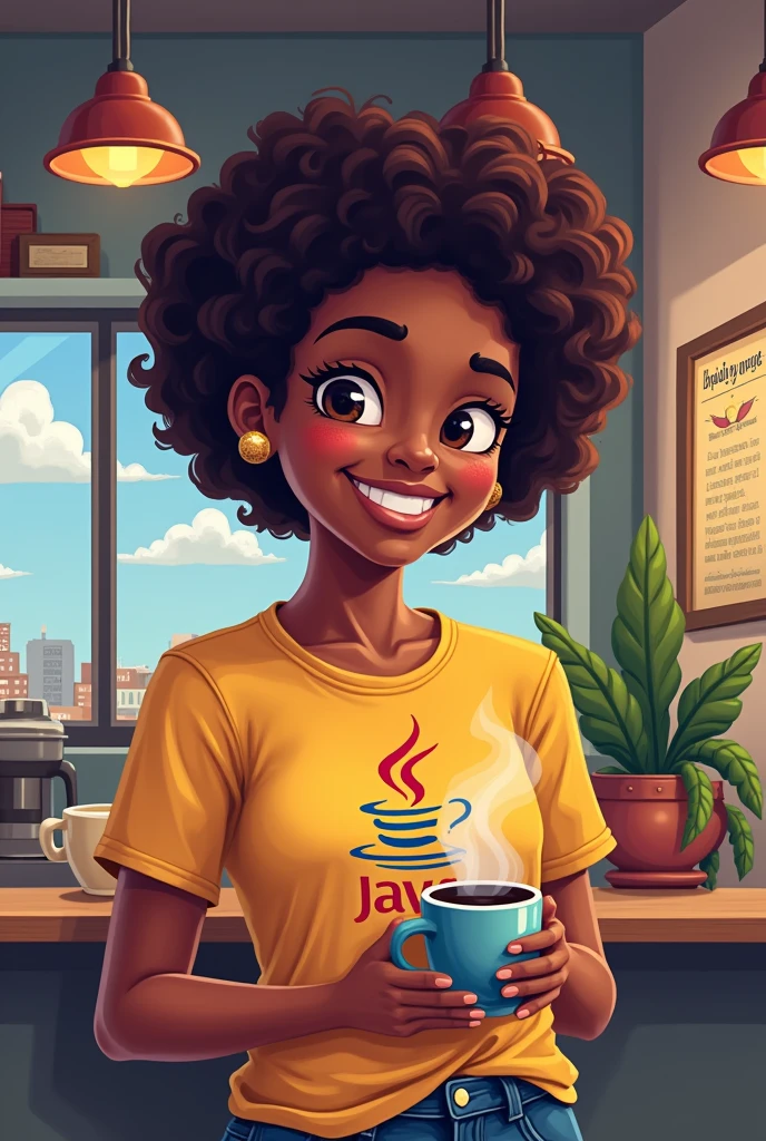 create a pixelated character, drank coffee, with a t-shirt with the JAVA logo in the middle, I'm dear, curly hair, Light brown skin.