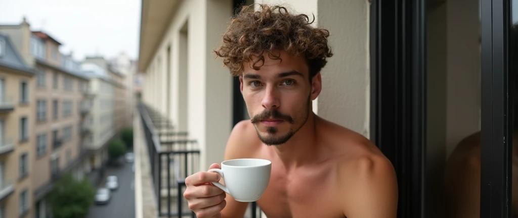 Sensual photo of a slim guy with a mustache and light brown curly hair, he is on a balcony of a building, he is naked, he is drinking a cup of coffee, sensual look at the camera, homem gay sensual