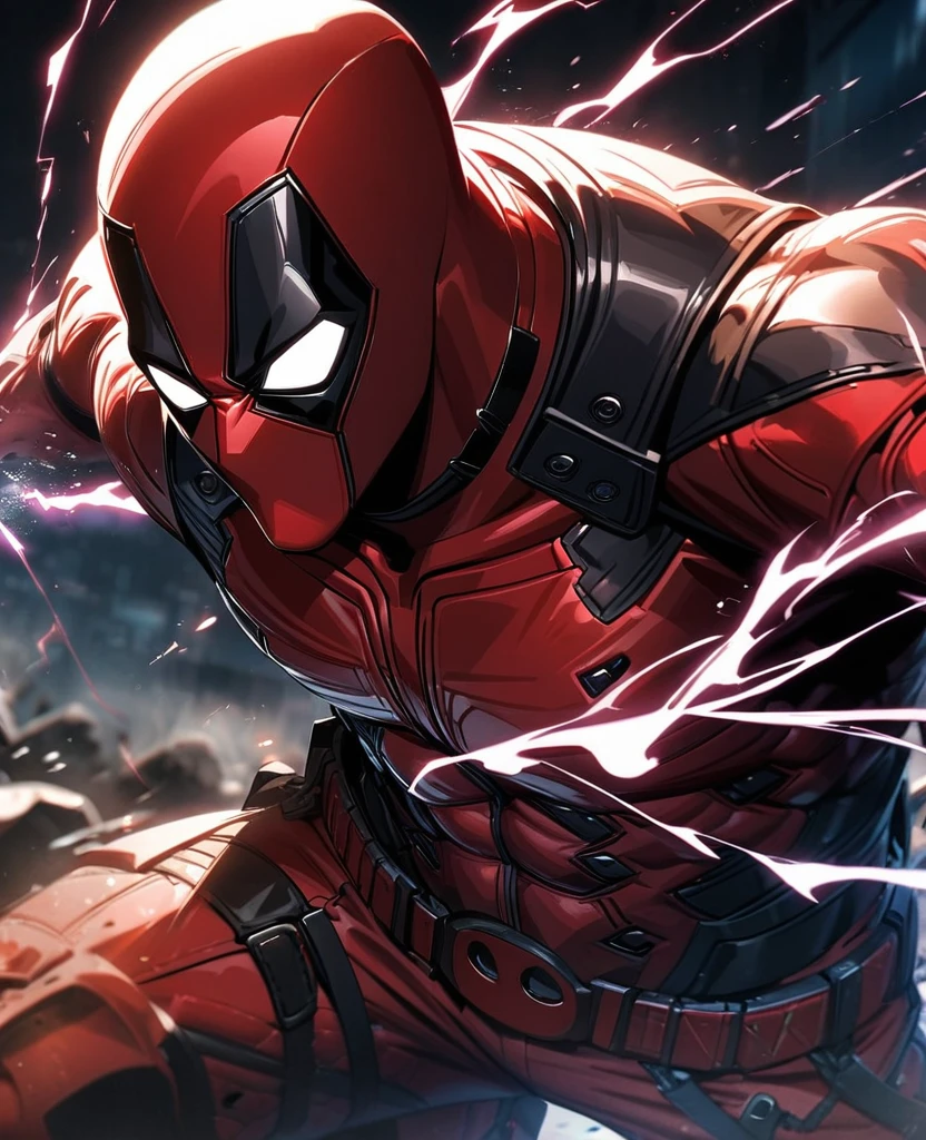 absurdres, highres, ultra detailed, HDR, masterpiece, extremely detailed face and eyes, Deadpool,red and white costume,, , solo, man, handsome, ,, , Epic fight scene,red white, splashing effect, red and white lightning effect,glowing glitters