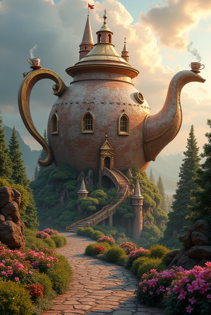 A whimsical fantasy castle made of a giant tea pot, lush gardens, intricate architecture, steaming teacups, detailed brickwork, ornate spires, magical atmosphere, dramatic lighting, vivid colors, dreamlike quality, (best quality,4k,8k,highres,masterpiece:1.2),ultra-detailed,(realistic,photorealistic,photo-realistic:1.37),fantasy,concept art,intricate details,volumetric lighting,vibrant colors,cinematic composition