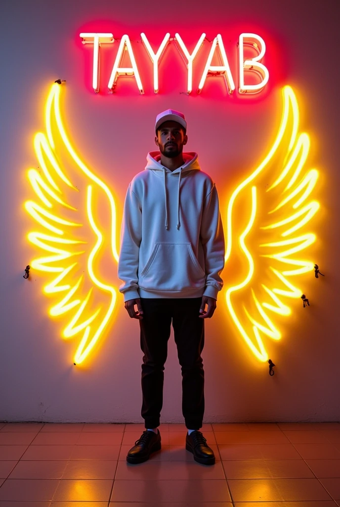 In this striking and futuristic scene, a mysterious individual stands confidently in front of a mesmerizing neon wall. The individual’s casual attire – a white sweater, white cap, black pants, and black shoes – contrasts with the vibrant neon wings in bright yellow, symmetrically placed on either side of the figure. The bold red neon quote “TAYYAB” adds an inspiring touch to the composition. The floor, made of tiles, reflects the grayish hue of the wall,