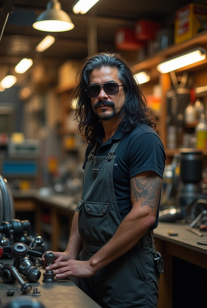 very realistic, 25 year old man, with mustache, long black hair taken, with some gray hair, with sunglasses, weight of 75 kilos, medium build, Latin American, Chilean, gordo, working in a workshop, with diver