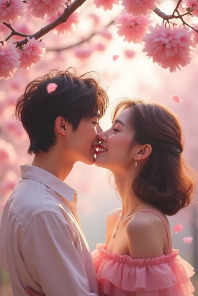 Txt's taehyun and beomgyu kissing each other  under a cherry blossom tree. 

