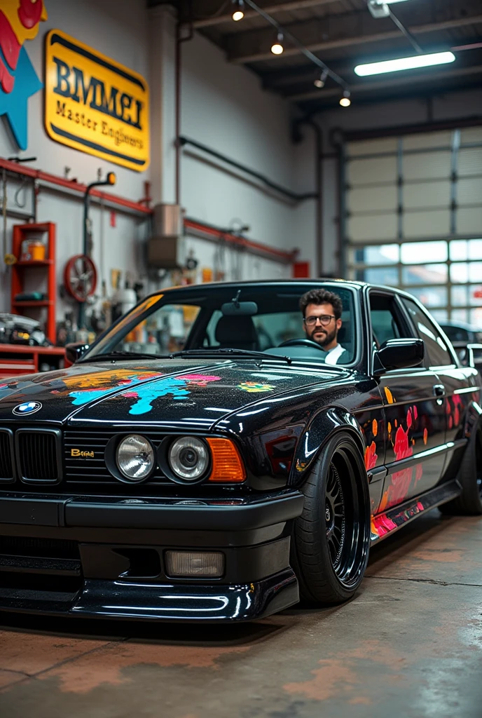 vegueta sitting inside a black BMW E34 with colorful paints all over the car with bbs rims inside a mechanic's workshop and in the background a large sign that says Bimmer Master Enginners