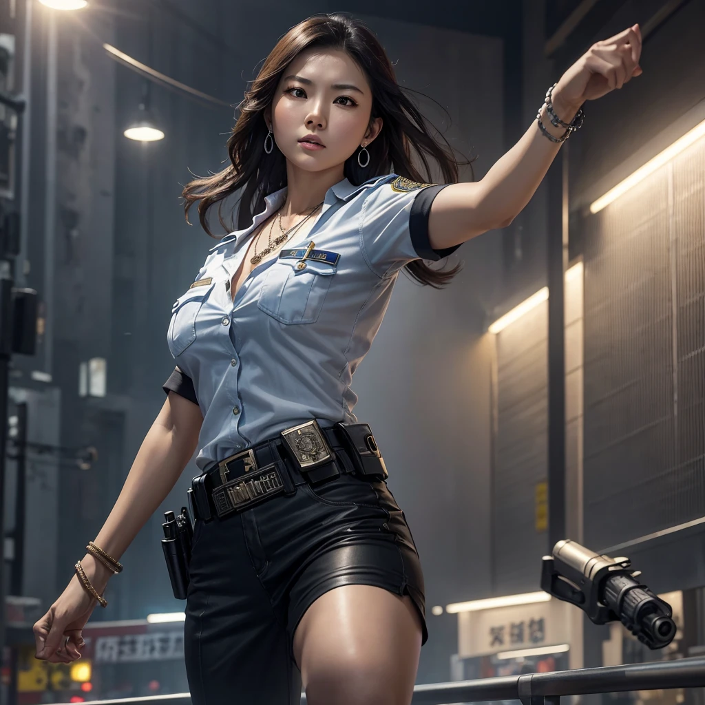 realistic highly detailed 1girl police officer in hong kong action film scene, beautiful taiwanese woman in casual clothes wearing earrings, necklace, bracelets, holding silver smith & wesson model 10 revolver, mid-jump high kick pose, shooting action, dramatic lighting, hong kong crime action movie elements, cinematic composition, 1:1 ratio