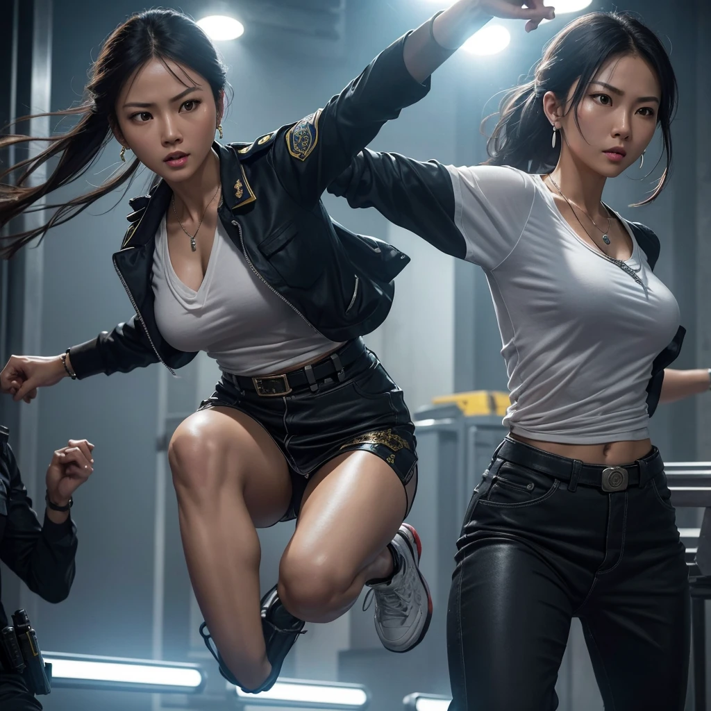 realistic highly detailed 1girl police officer in hong kong action film scene, beautiful taiwanese woman in casual clothes wearing earrings, necklace, bracelets, holding silver smith & wesson model 10 revolver, mid-jump high kick pose, shooting action, dramatic lighting, hong kong crime action movie elements, cinematic composition, 1:1 ratio