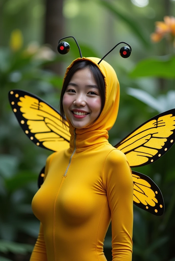 The beautiful Chinese adult girl with beautiful cheeks wears yellow Bee lycra turtleneck unitard catsuit covered with black stripes.She has a pair of insect wings.She always wear lycra elastane stretchy dancewear hijab-like hood with antenna.She is happy at Jungle.She is having bee makeup.