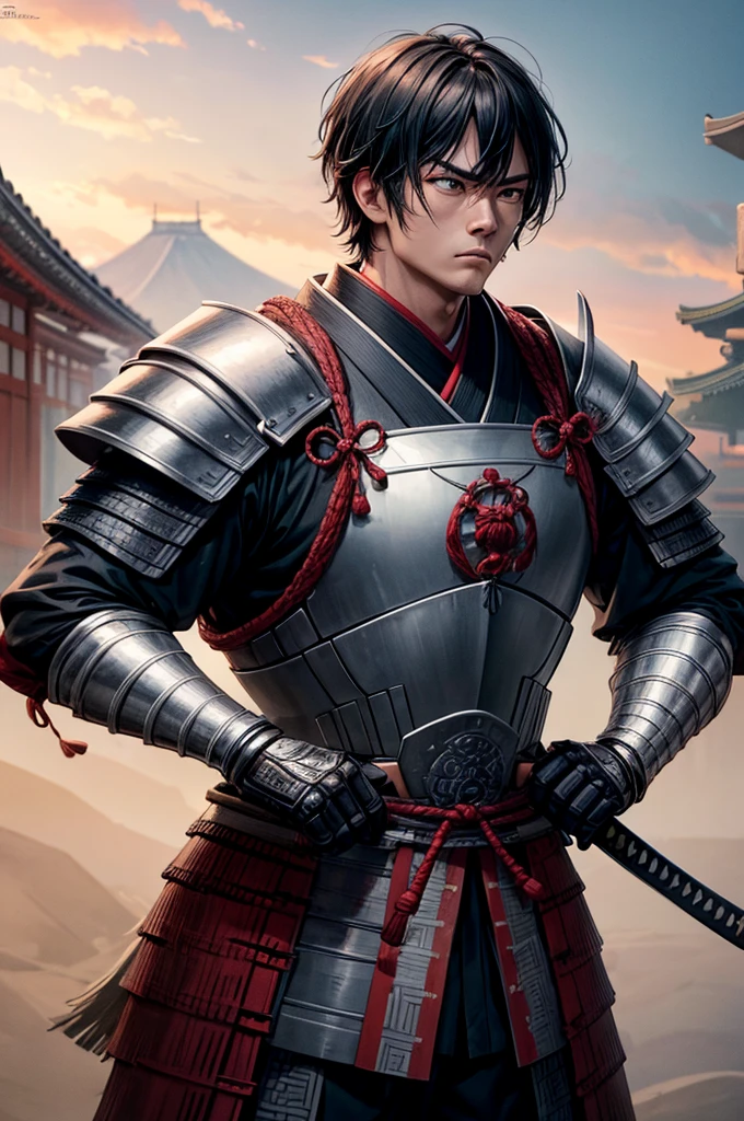 Armored1Men, Japanese men, Holding a large sword, sad, Intimidating Appearance, Old Japanese samurai clothing, Wearing light armor, Muscular, Black Hair, black eye, Five fingers, An old Chinese castle in the background, cinematic lighting, cowboy shot, anime, UHD, retina, masterpiece, accurate, anatomically correct, textured skin, super detail, high details, high quality, award winning, best quality, highres