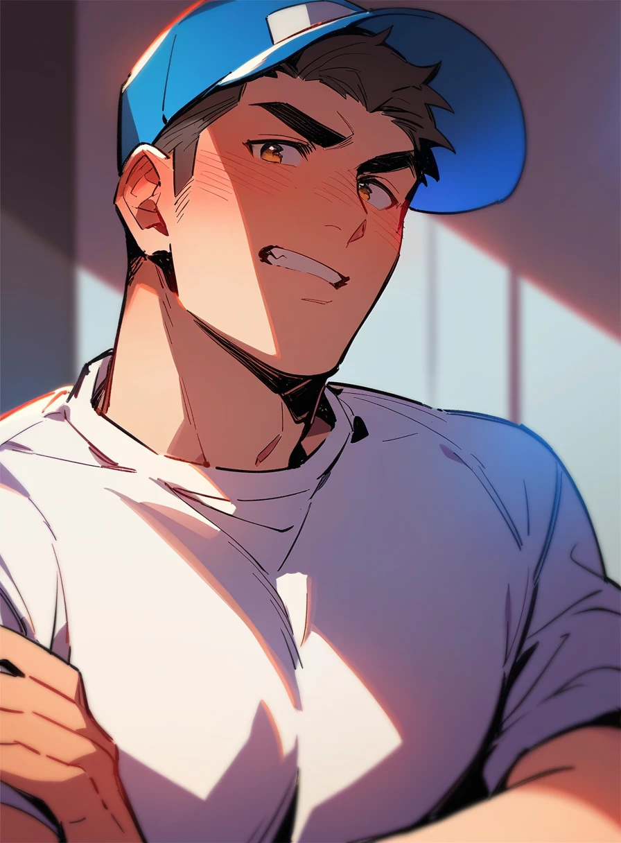 Handsome guy with a blush-colored hat wearing a tight shirt