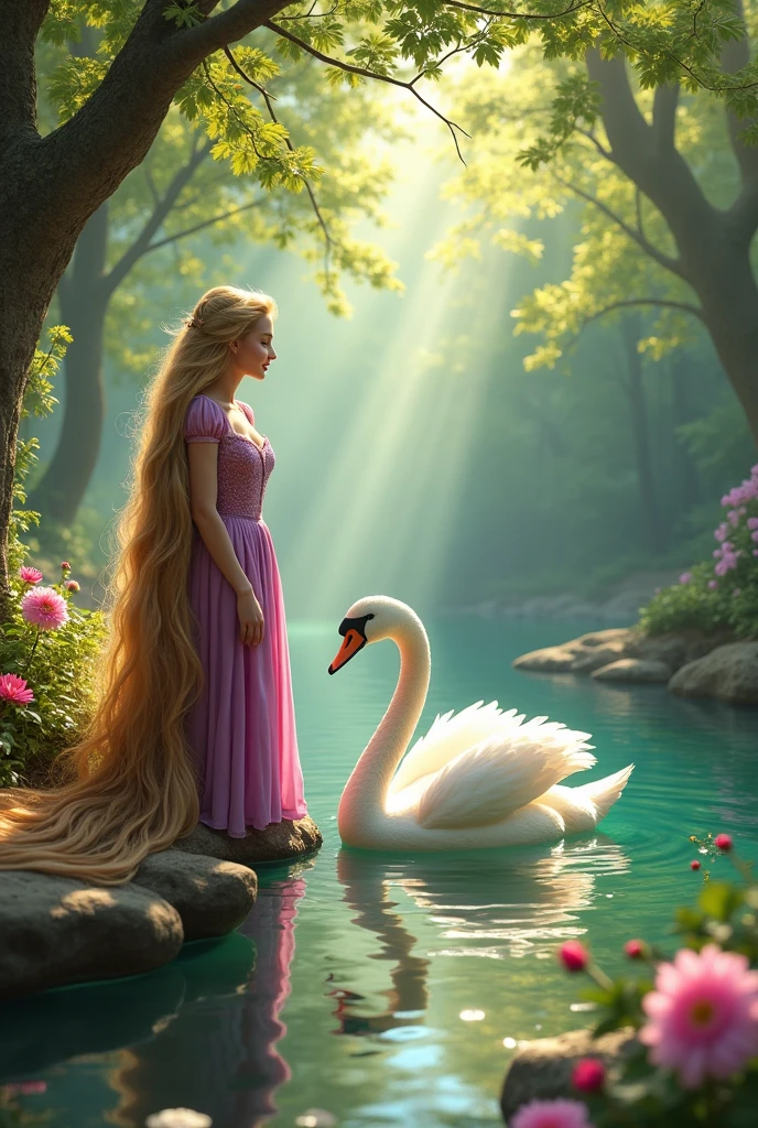 Rapunzel and a swan